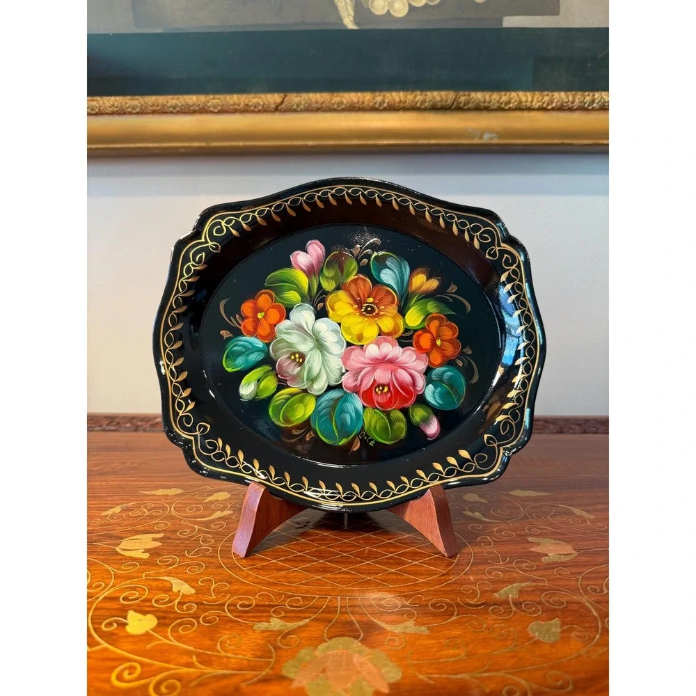 Vintage Black Tole Floral Tray - Hand‎ Painted with Stand